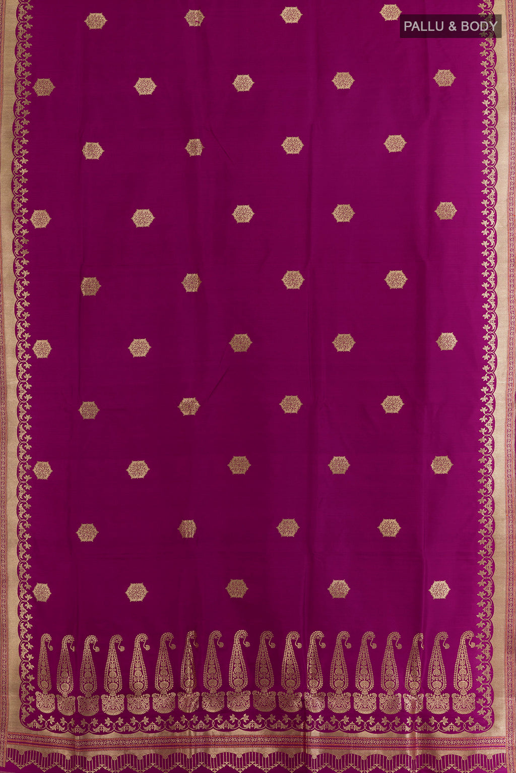 Flat view of Pure Silk Magenta Banarasi Saree with Zari Butta on the body and Zari Border. 