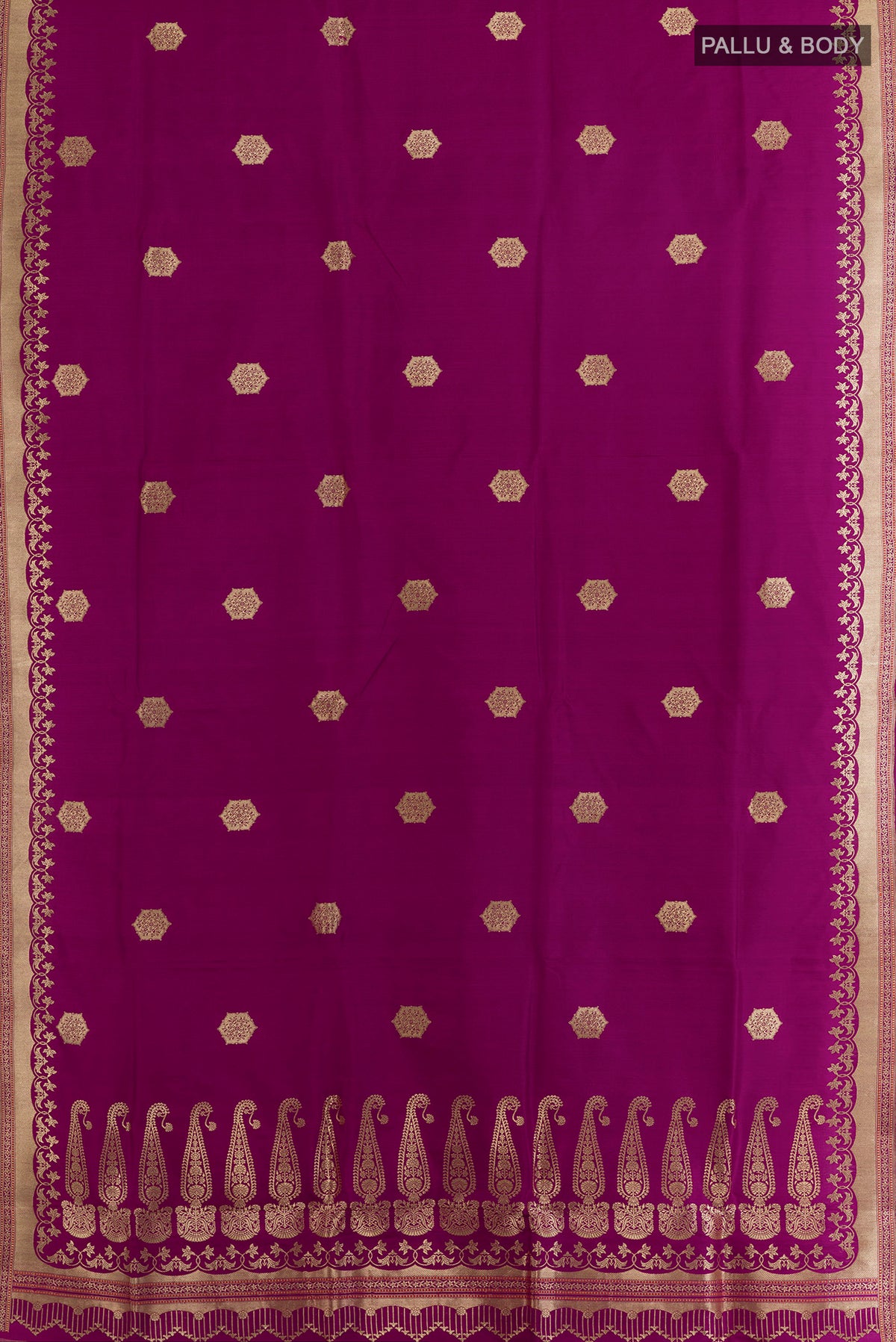 Flat view of Pure Silk Magenta Banarasi Saree with Zari Butta on the body and Zari Border. 