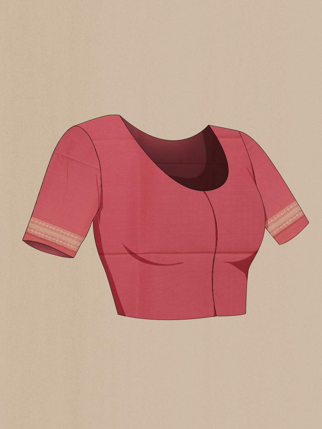 Close up image of the blouse of Coral Banarasi Silk Saree with Plain Body and Zari Border. 