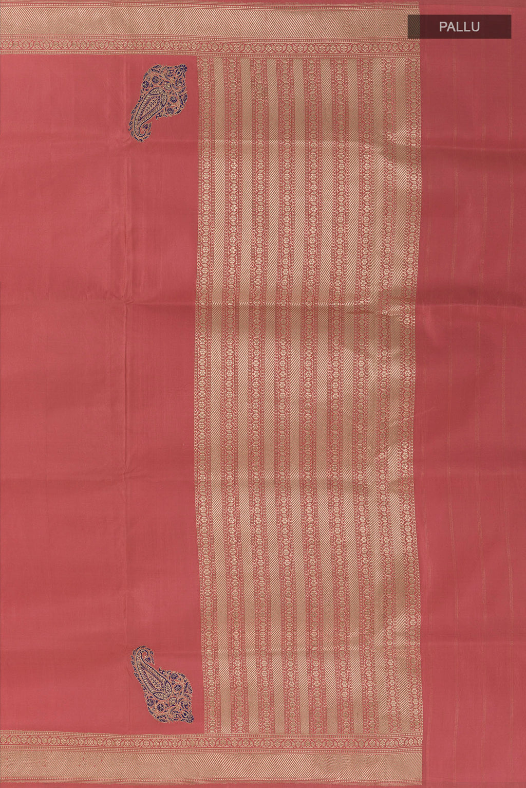 Close up image of the pallu of Coral Banarasi Silk Saree with Plain Body and Zari Border. 