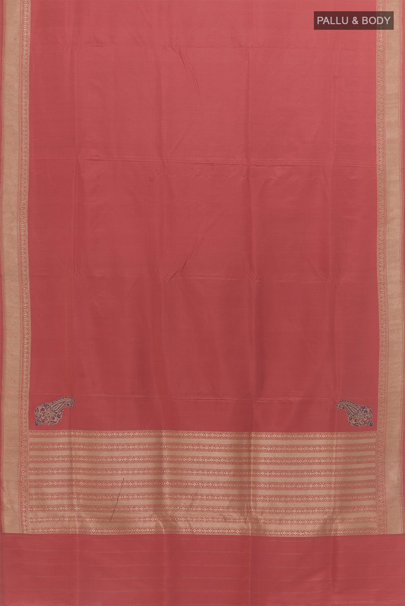 Flat view of Coral Banarasi Silk Saree with Plain Body and Zari Border. 