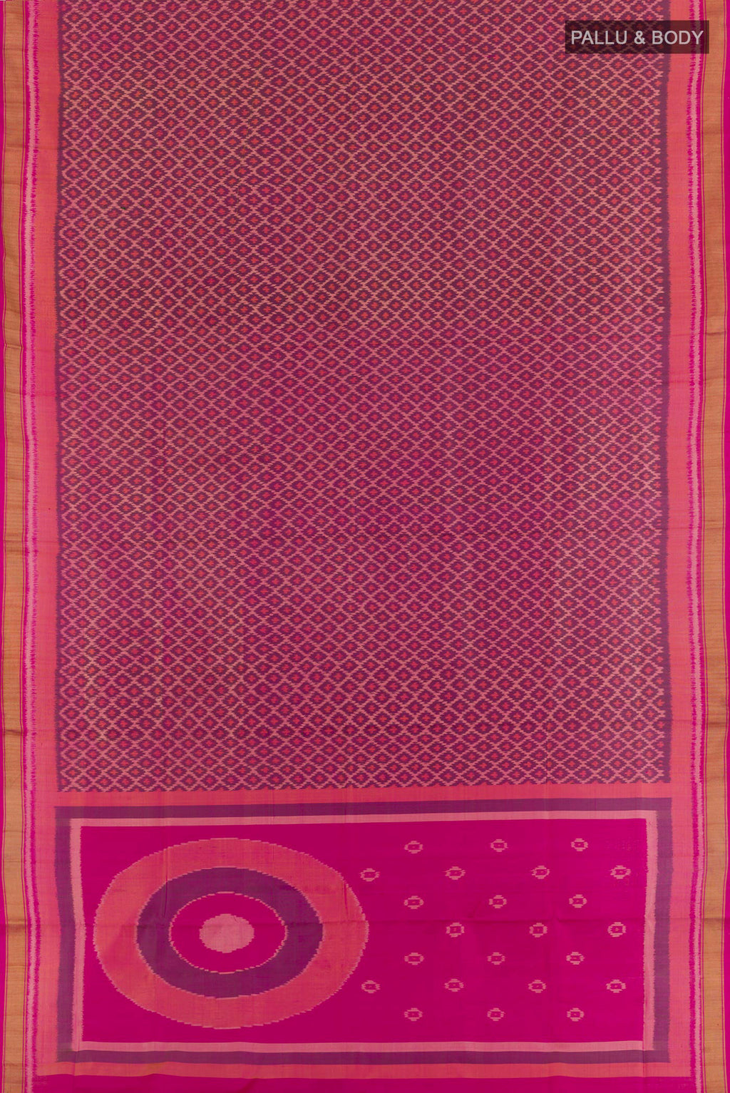 Flat view of Magenta Rajkot Patola Silk Saree with Ikat design on the body and Zari Border. 