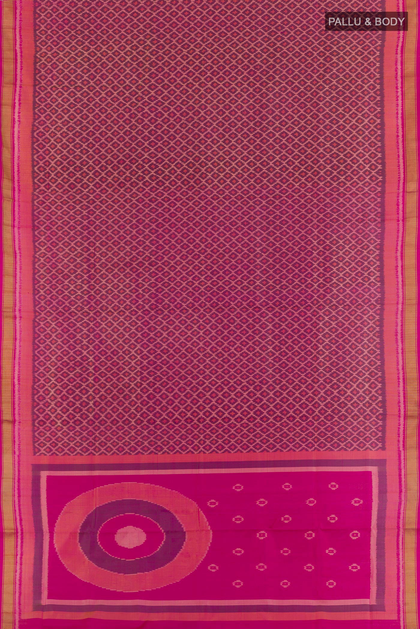 Flat view of Magenta Rajkot Patola Silk Saree with Ikat design on the body and Zari Border. 