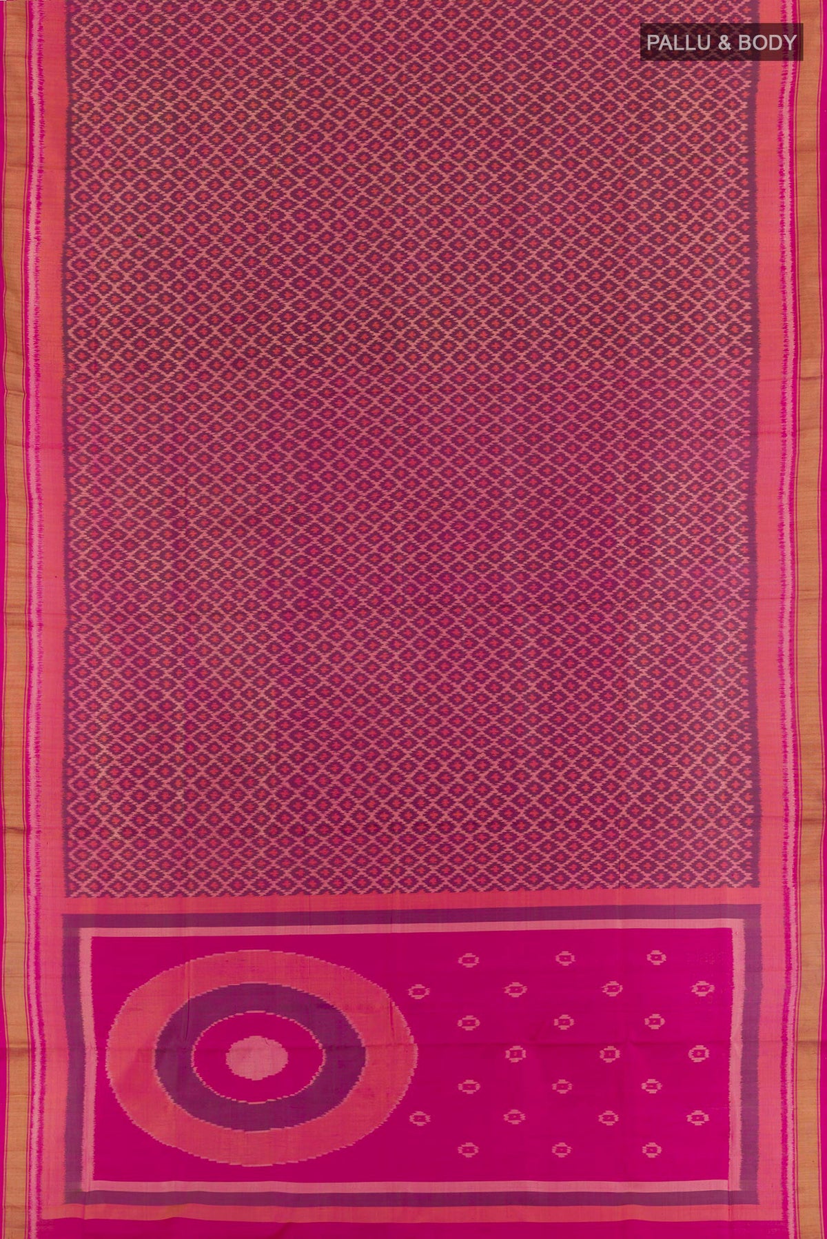 Flat view of Magenta Rajkot Patola Silk Saree with Ikat design on the body and Zari Border. 