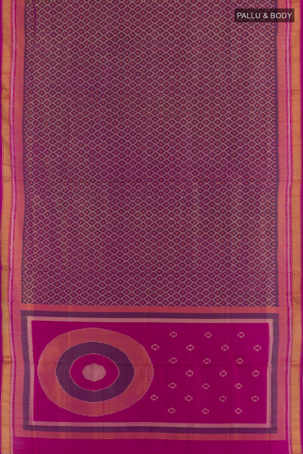 Flat view of Purple Rajkot Patola Silk Saree with Ikat design on the body and Zari Border. 