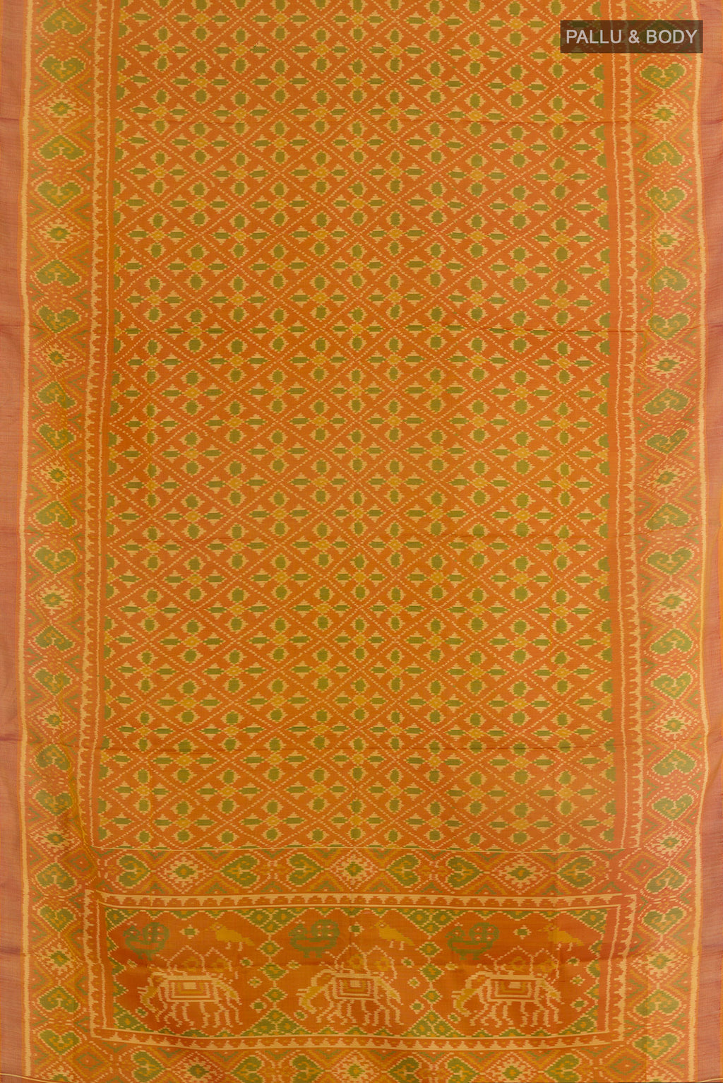 Flat view of Rust Rajkot Patola Silk Saree with Pure Ikat on the body and Ikat Border. 