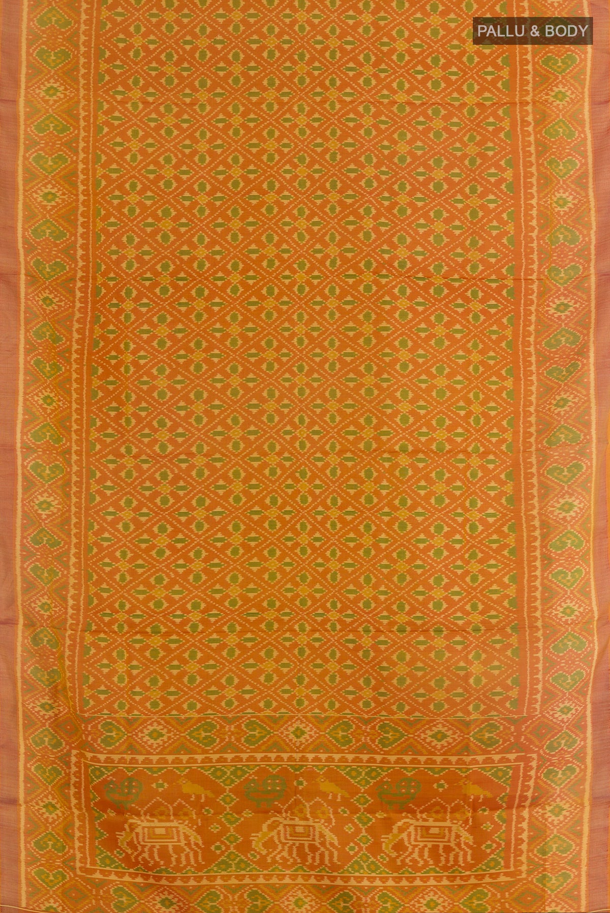 Flat view of Rust Rajkot Patola Silk Saree with Pure Ikat on the body and Ikat Border. 