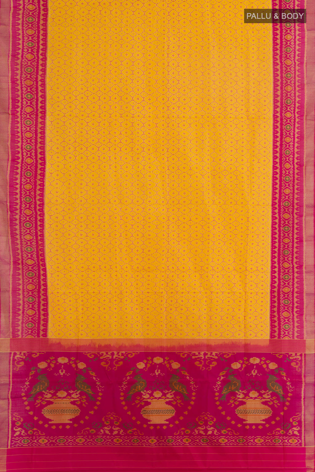 Flat view of Pure Silk Yellow Rajkot Patola Saree with Pure Ikat on the body and Zari Border. 