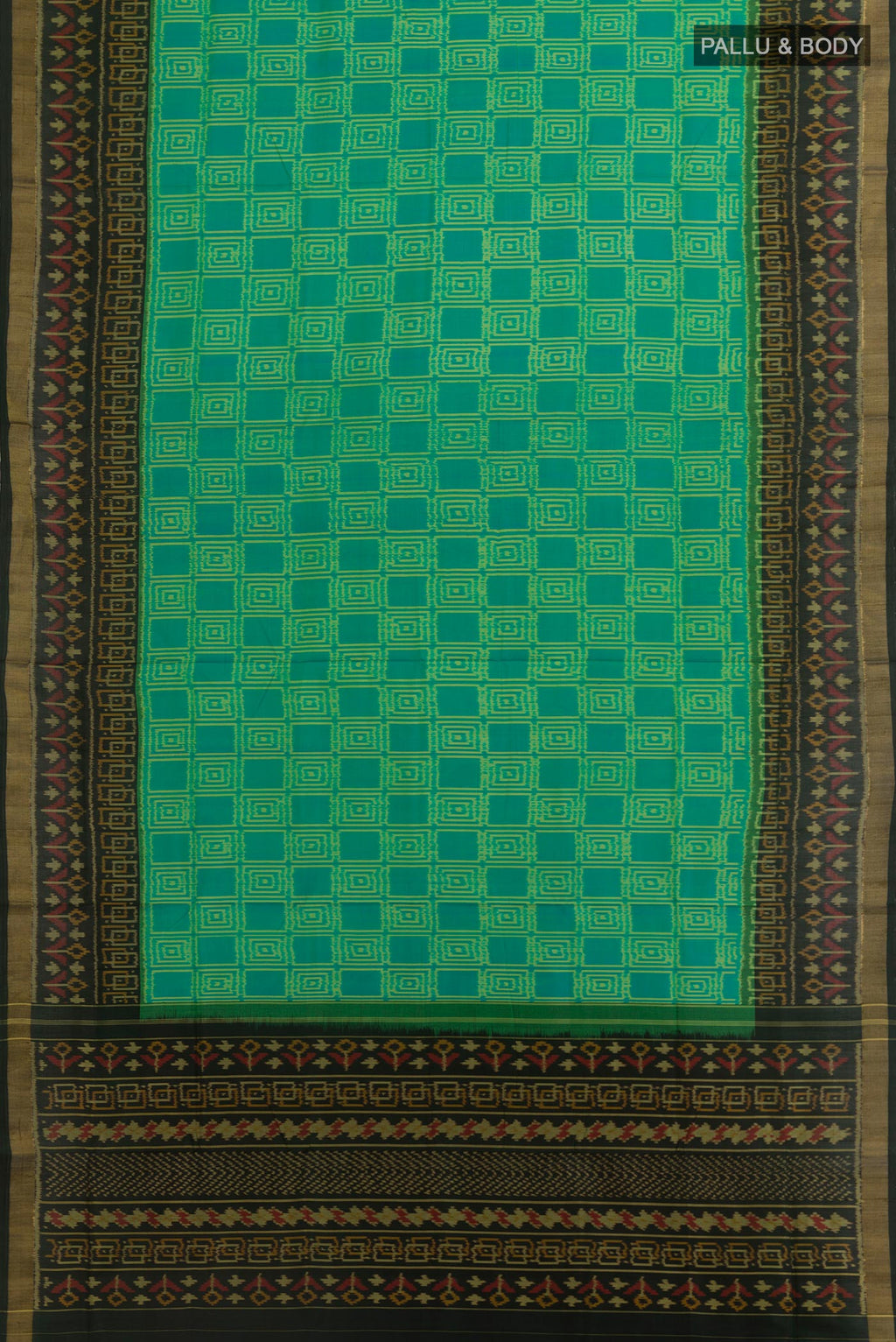 Flat view of Sea Green Rajkot Patola Silk Saree with Pure Ikat on the body and Ikat Border. 