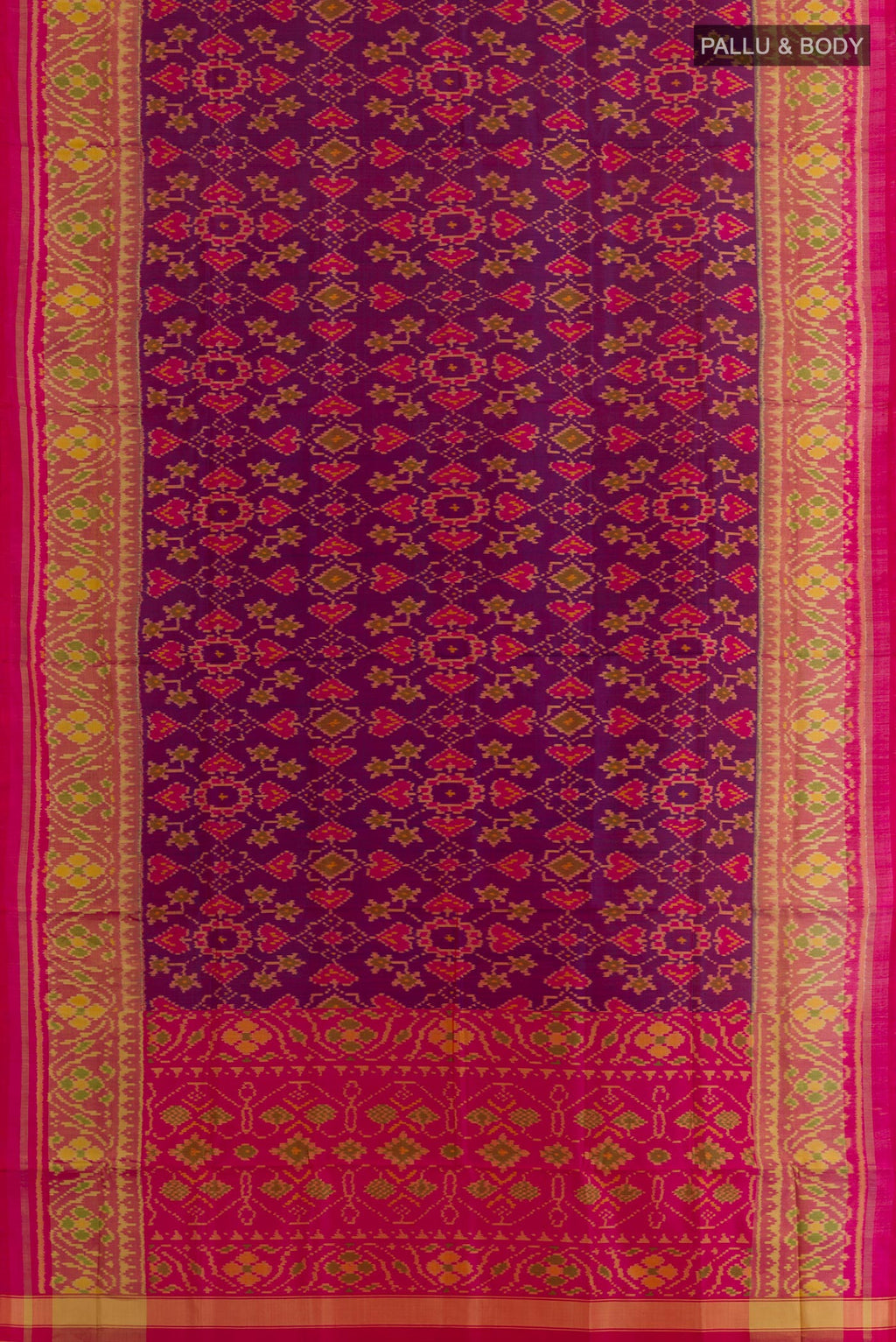 Flat view of Purple Rajkot Patola Silk Saree with Pure Ikat on the body and Ikat Border. 