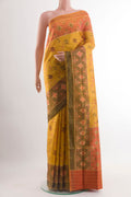 Yellow Rajkot Patola Silk Saree with Ikat design on the body and Ikat Border.  displayed on a mannequin