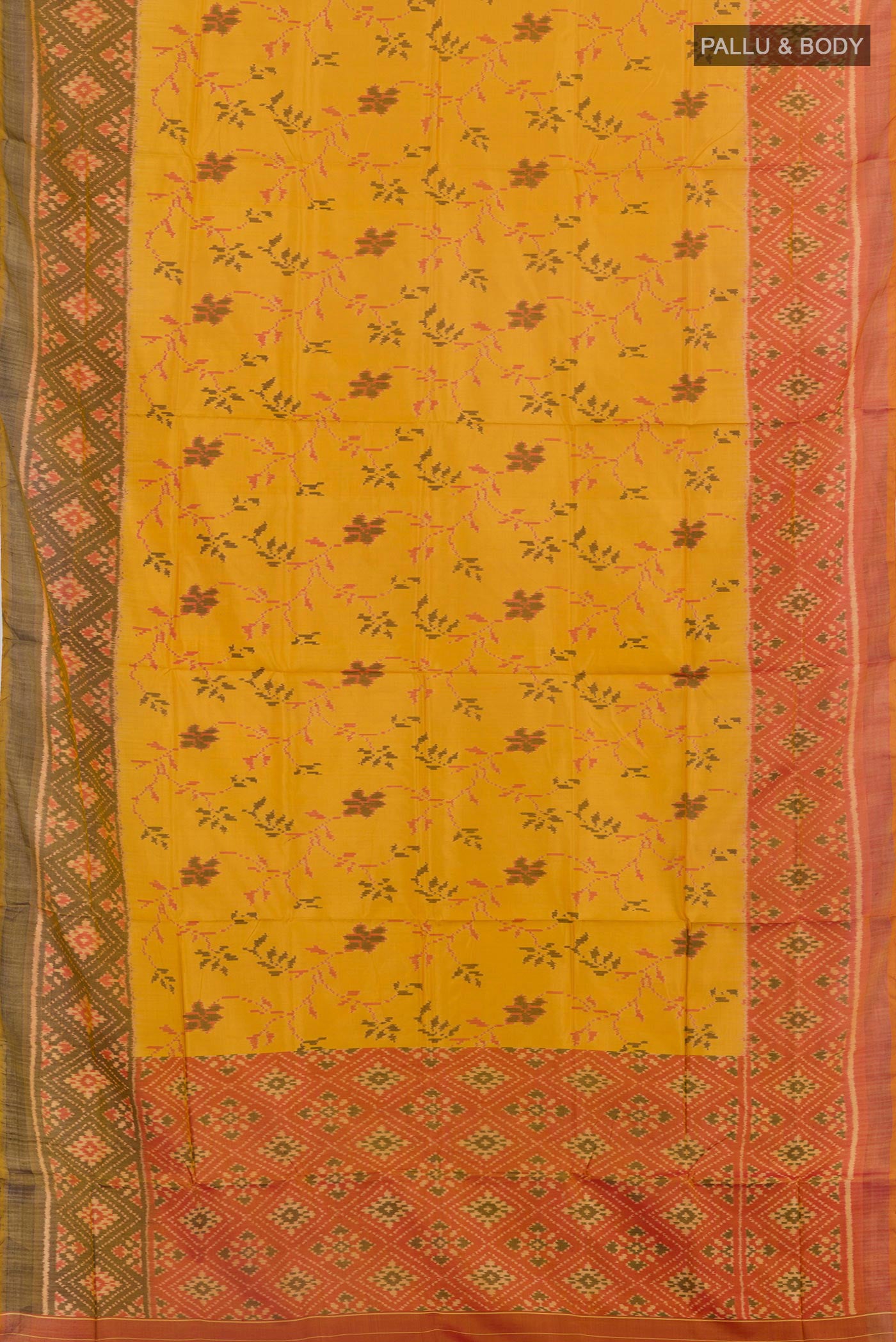 Flat view of Yellow Rajkot Patola Silk Saree with Ikat design on the body and Ikat Border. 