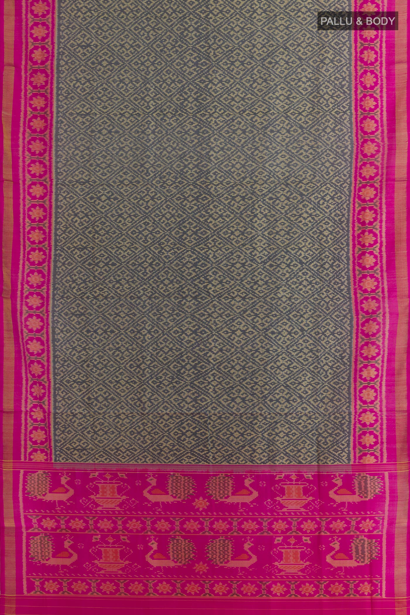 Flat view of Grey Rajkot Patola Silk Saree with Pure Ikat on the body and Ikat Border. 