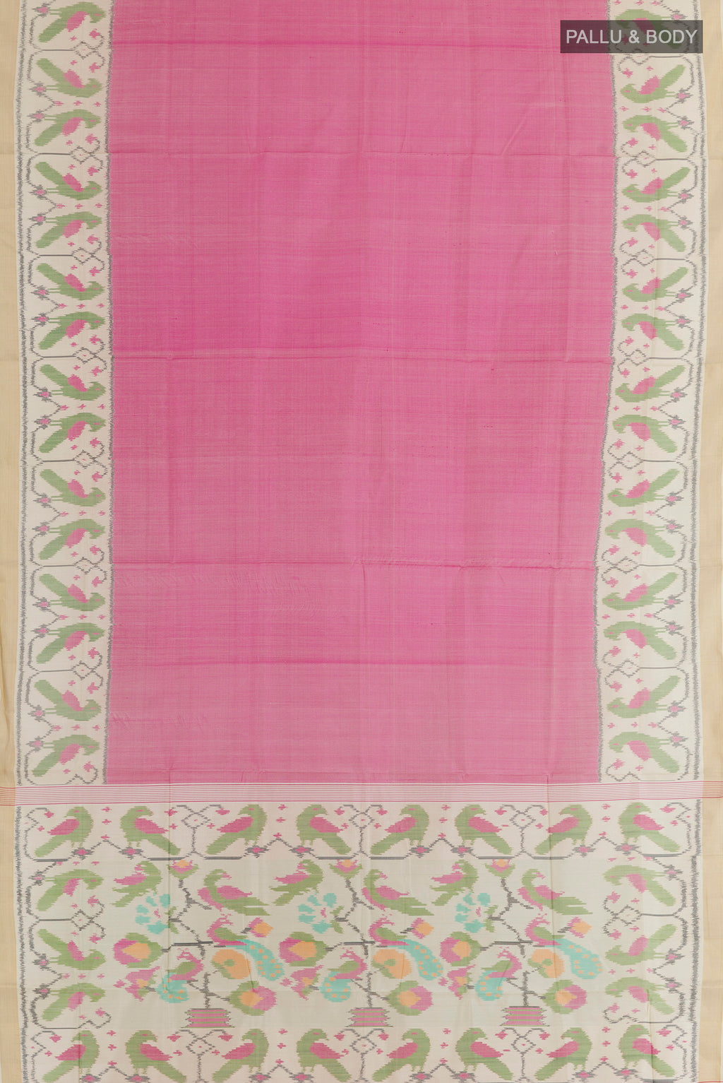 Flat view of Pink Rajkot Patola Silk Saree with Plain Body and Ikat Border. 