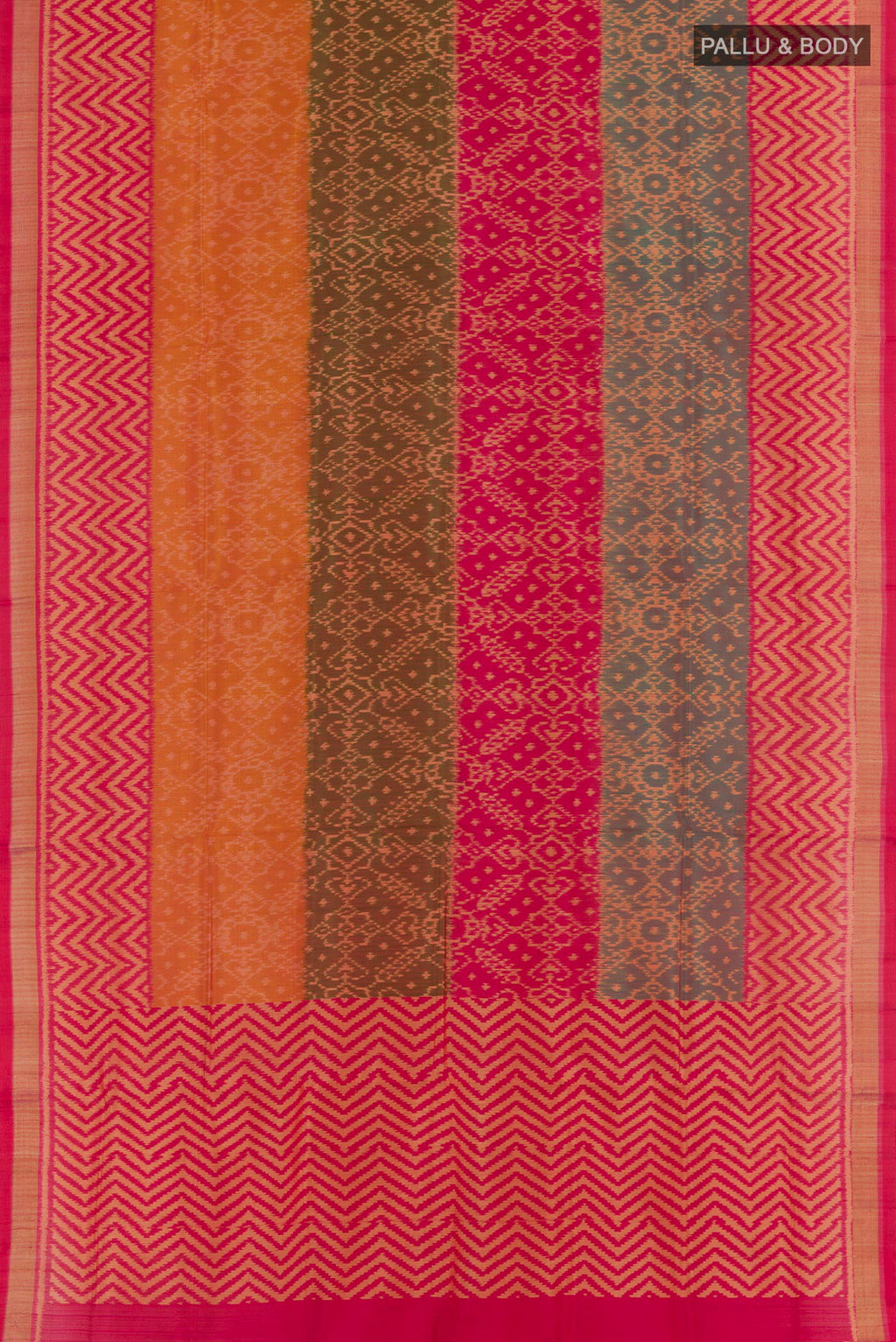 Flat view of Multi Color Rajkot Patola Silk Saree with Ikat design on the body and Zari Border. 