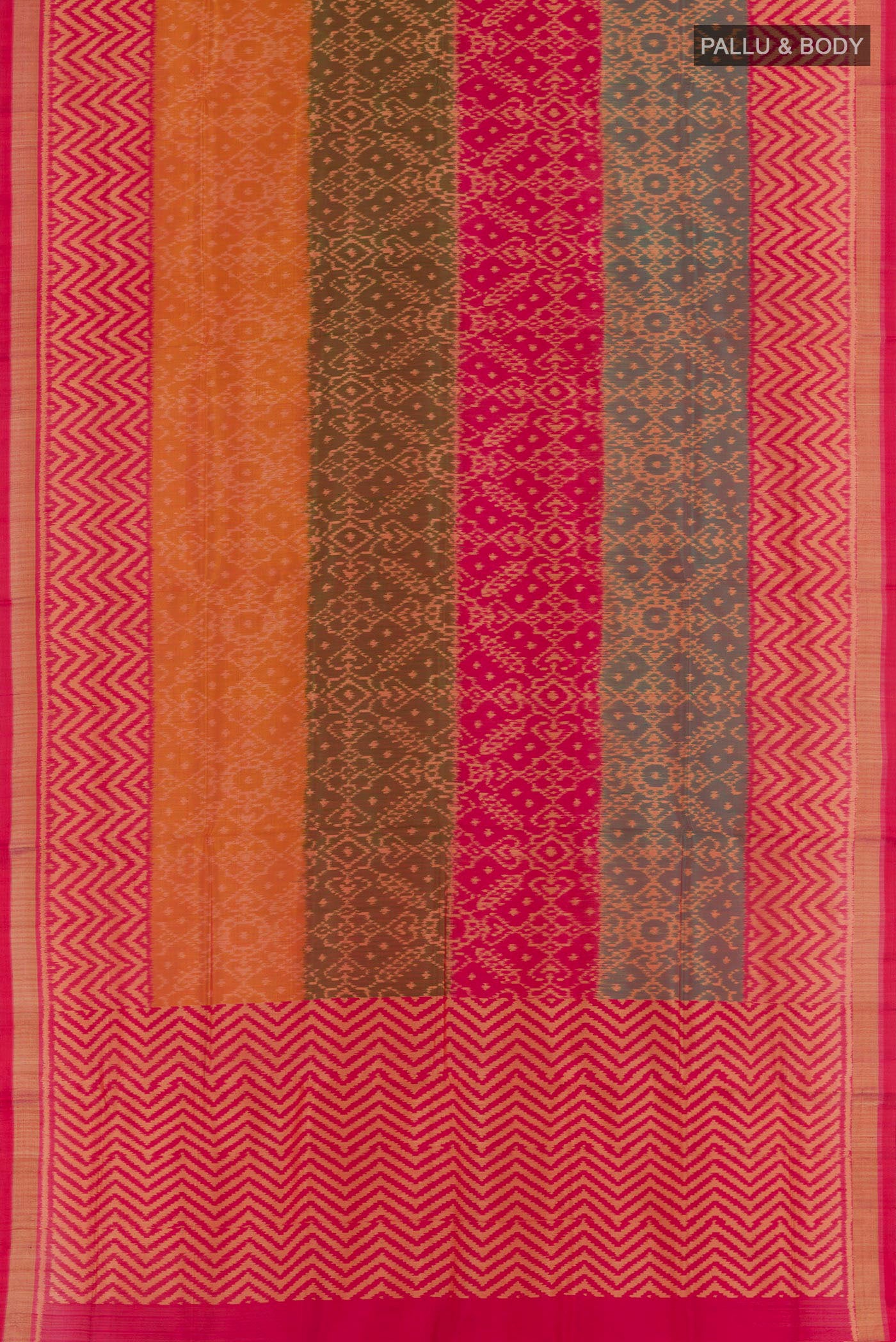Flat view of Multi Color Rajkot Patola Silk Saree with Ikat design on the body and Zari Border. 