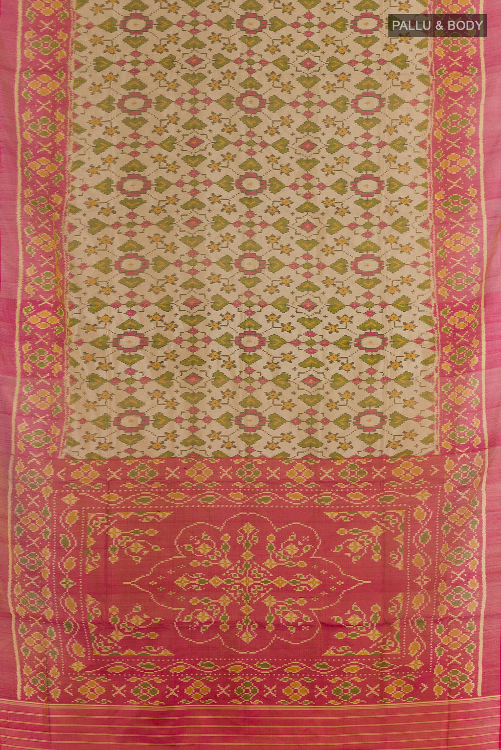 Flat view of Beige Rajkot Patola Silk Saree with Pure Ikat on the body and Ikat Border. 