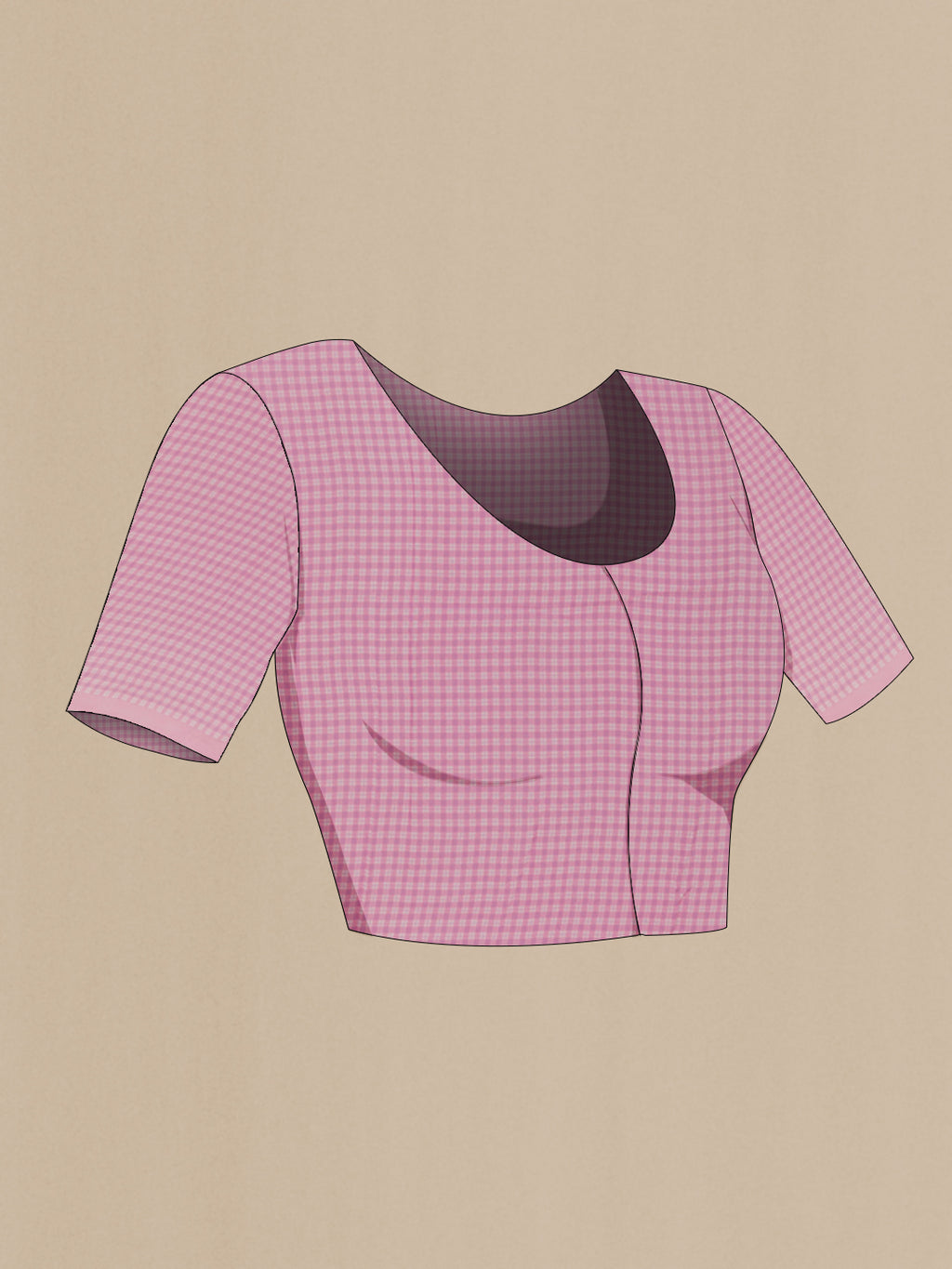 Close up image of the blouse of Pink Chiffon Saree with Checked design on the body and Embroidery Border. 