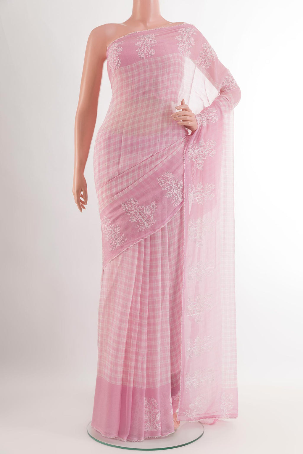 Pink Chiffon Saree with Checked design on the body and Embroidery Border.  displayed on a mannequin
