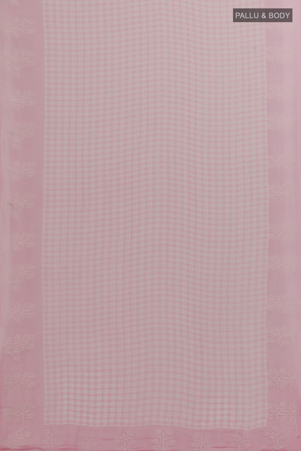 Flat view of Pink Chiffon Saree with Checked design on the body and Embroidery Border. 