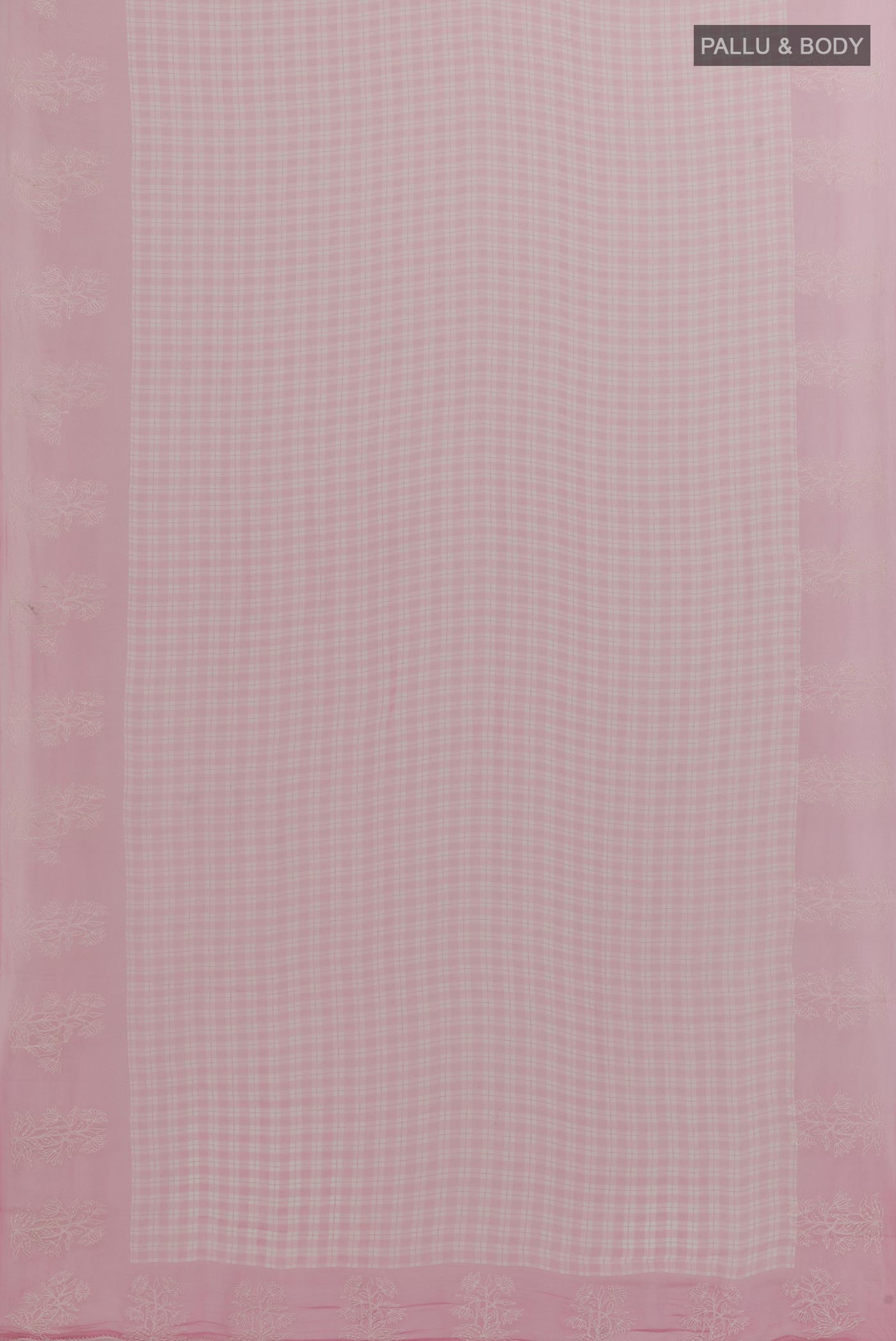 Flat view of Pink Chiffon Saree with Checked design on the body and Embroidery Border. 