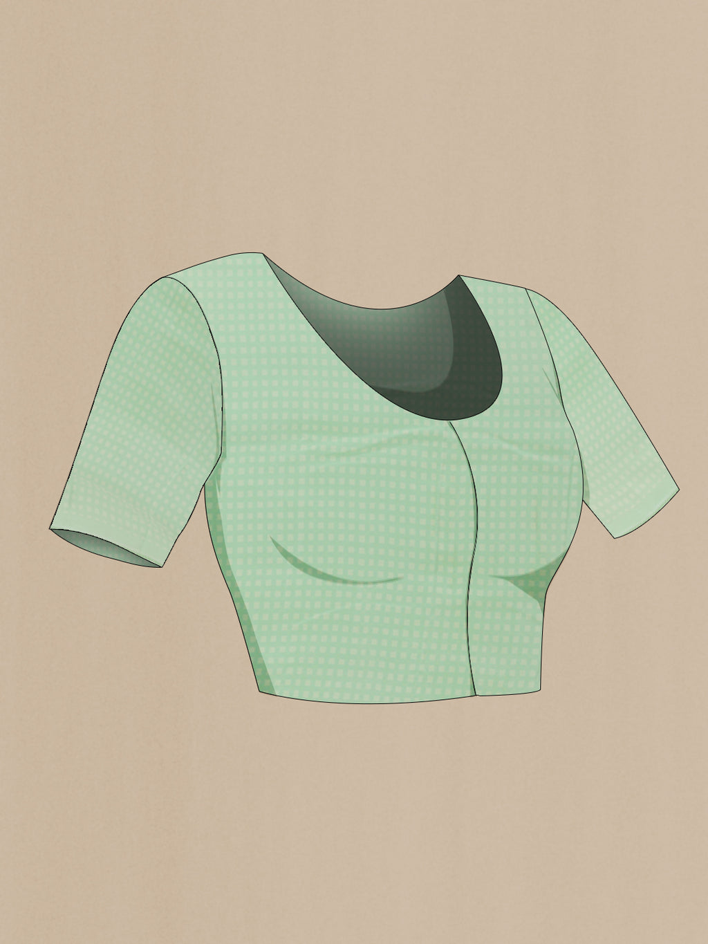 Close up image of the blouse of Green Chiffon Saree with Checked design on the body and Embroidery Border. 