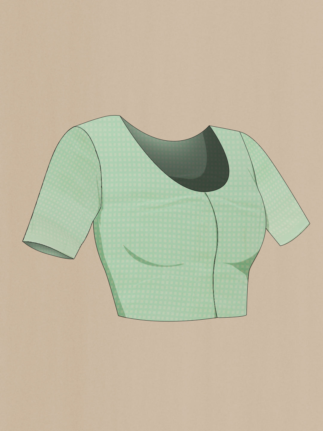 Close up image of the blouse of Green Chiffon Saree with Checked design on the body and Embroidery Border. 