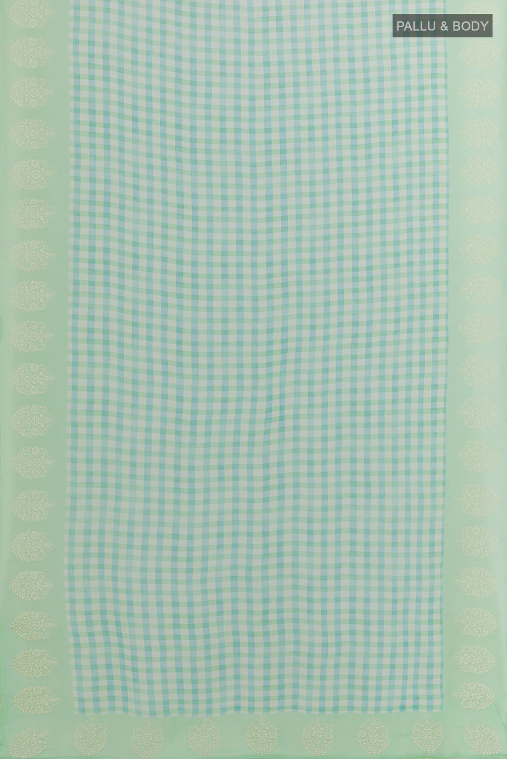 Flat view of Green Chiffon Saree with Checked design on the body and Embroidery Border. 