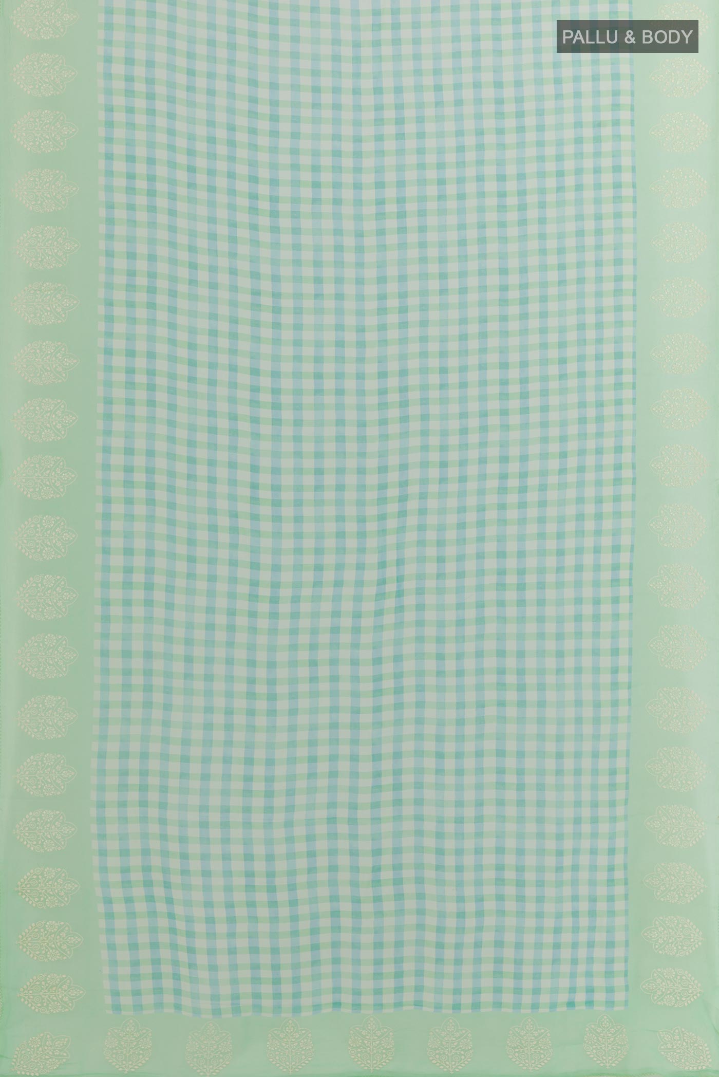 Flat view of Green Chiffon Saree with Checked design on the body and Embroidery Border. 