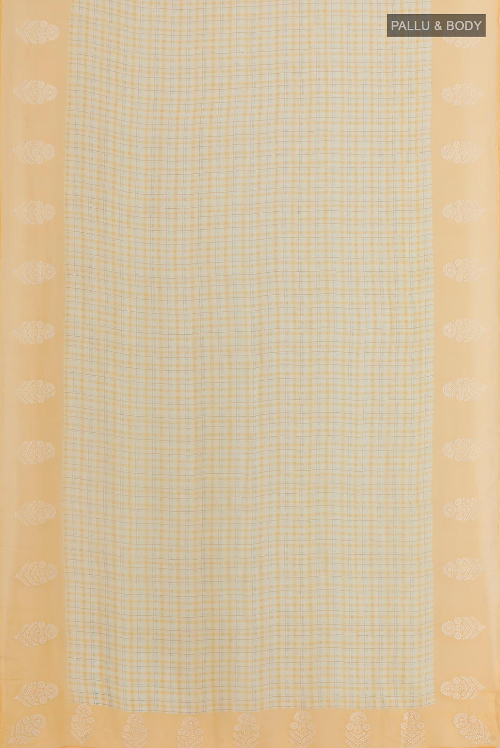 Flat view of Yellow Chiffon Saree with Checked design on the body and Embroidery Border. 