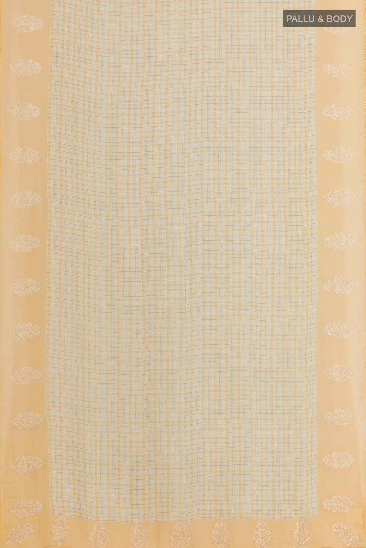 Flat view of Yellow Chiffon Saree with Checked design on the body and Embroidery Border. 