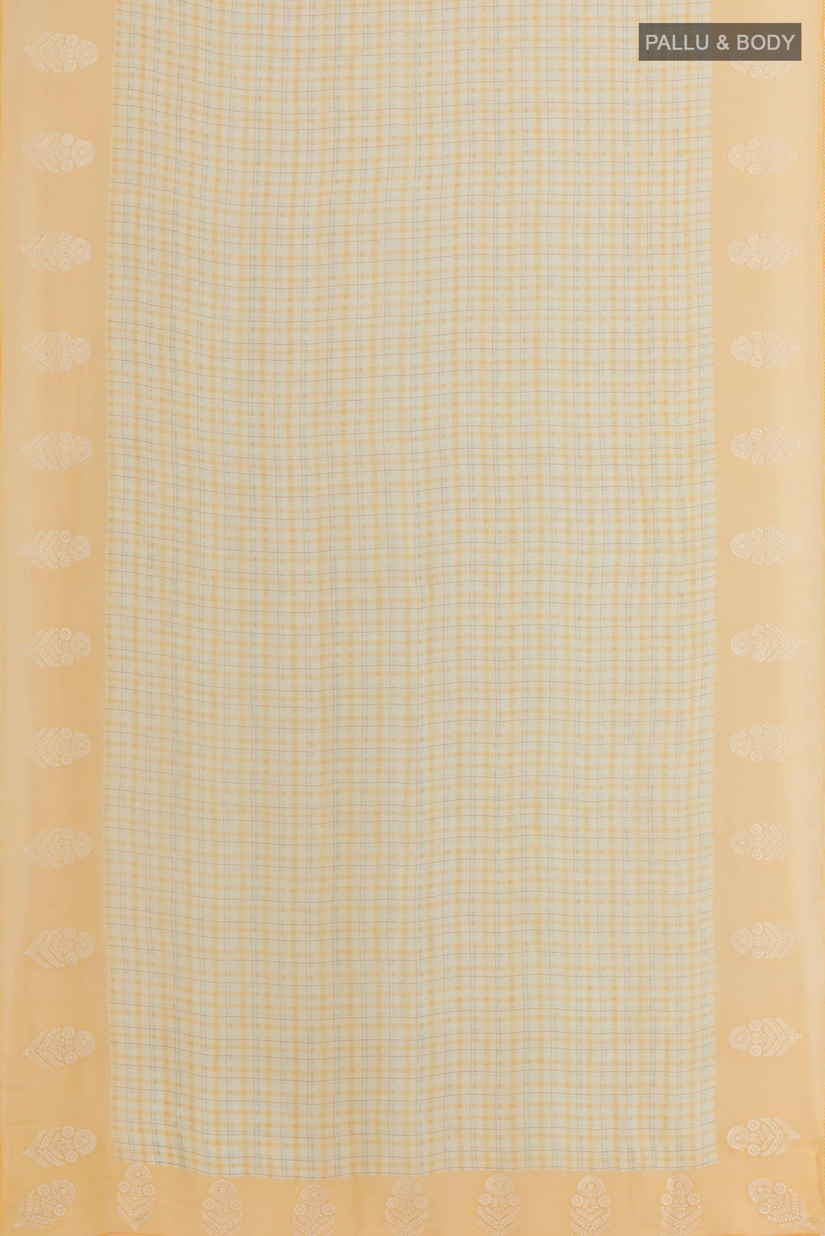 Flat view of Yellow Chiffon Saree with Checked design on the body and Embroidery Border. 