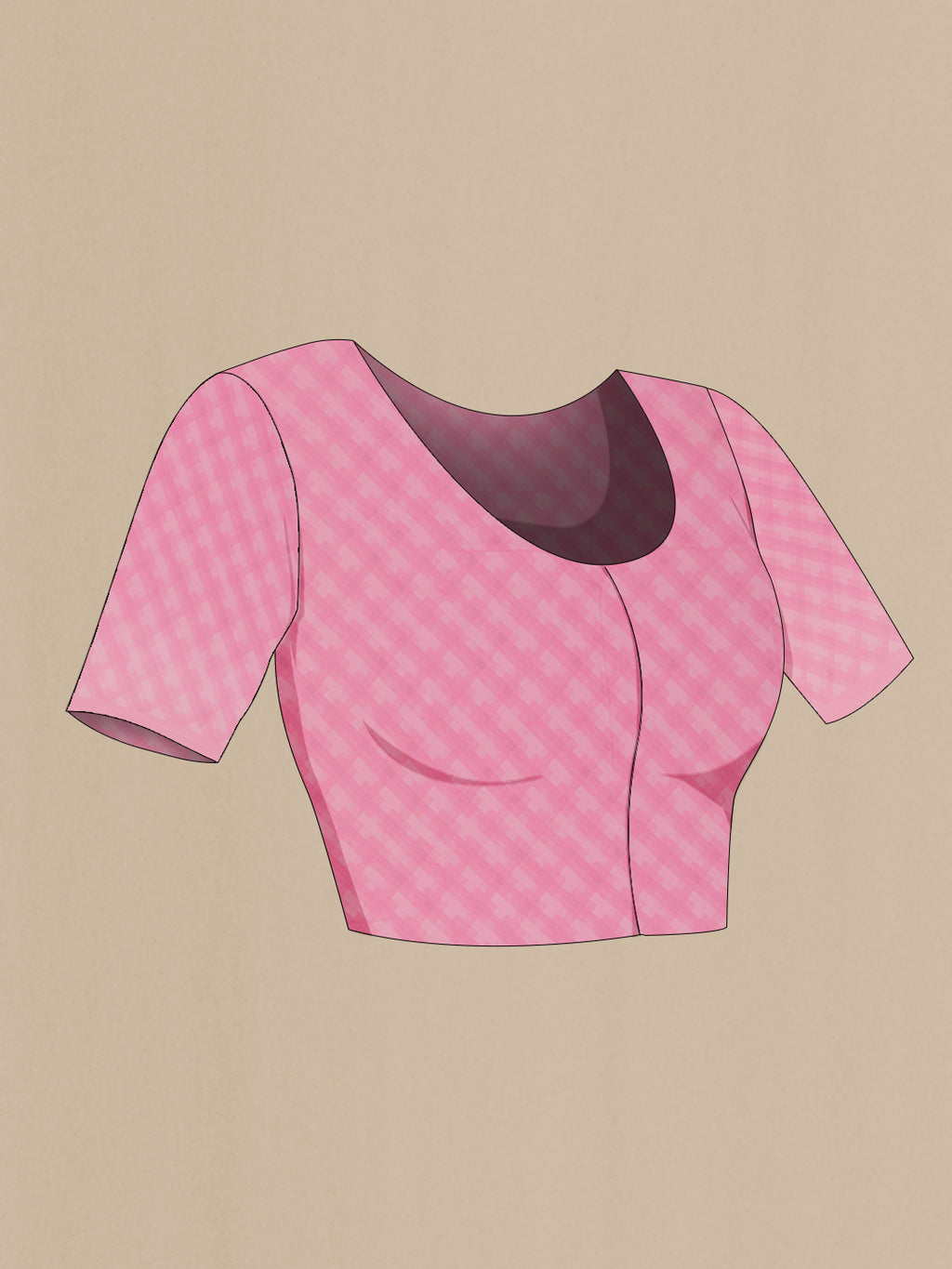 Close up image of the blouse of Pink Chiffon Saree with Checked design on the body and Embroidery Border. 