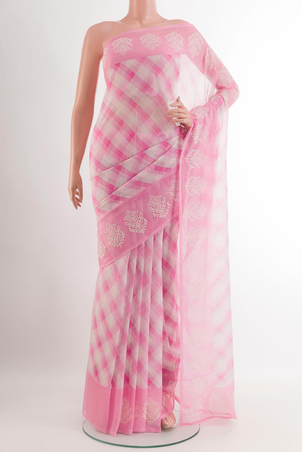 Pink Chiffon Saree with Checked design on the body and Embroidery Border.  displayed on a mannequin