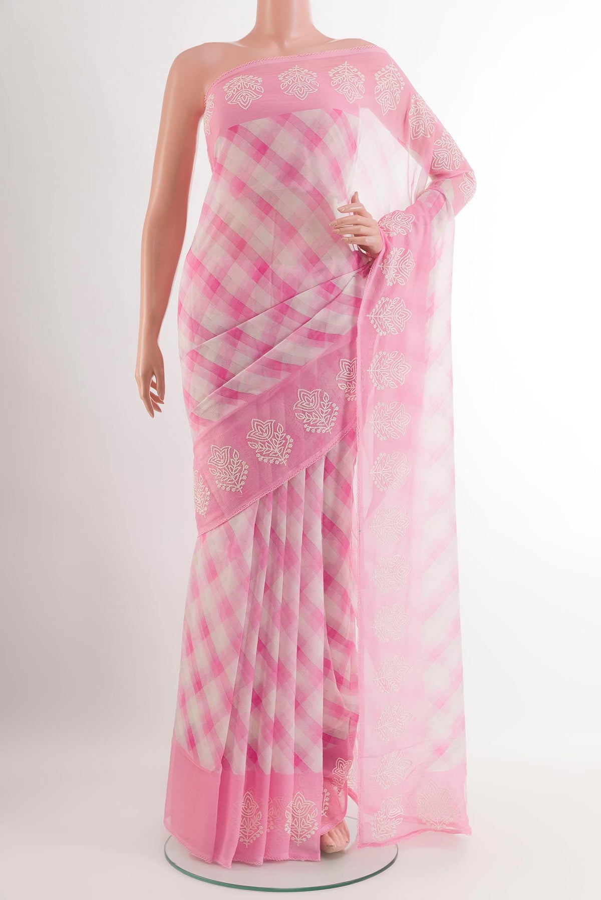 Pink Chiffon Saree with Checked design on the body and Embroidery Border.  displayed on a mannequin