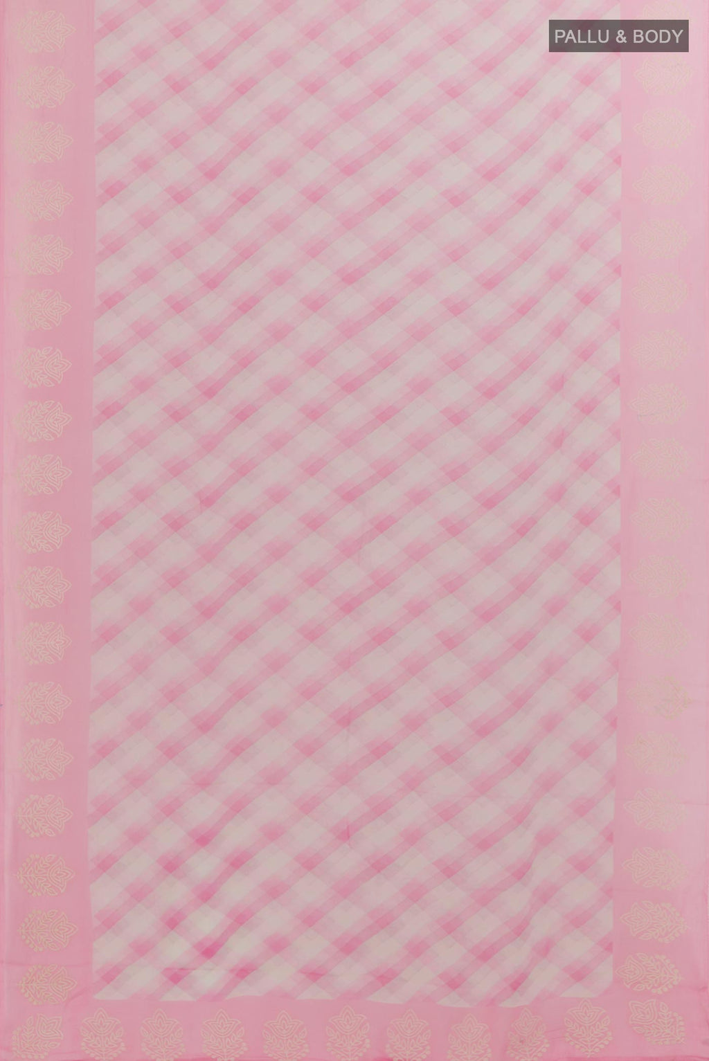 Flat view of Pink Chiffon Saree with Checked design on the body and Embroidery Border. 