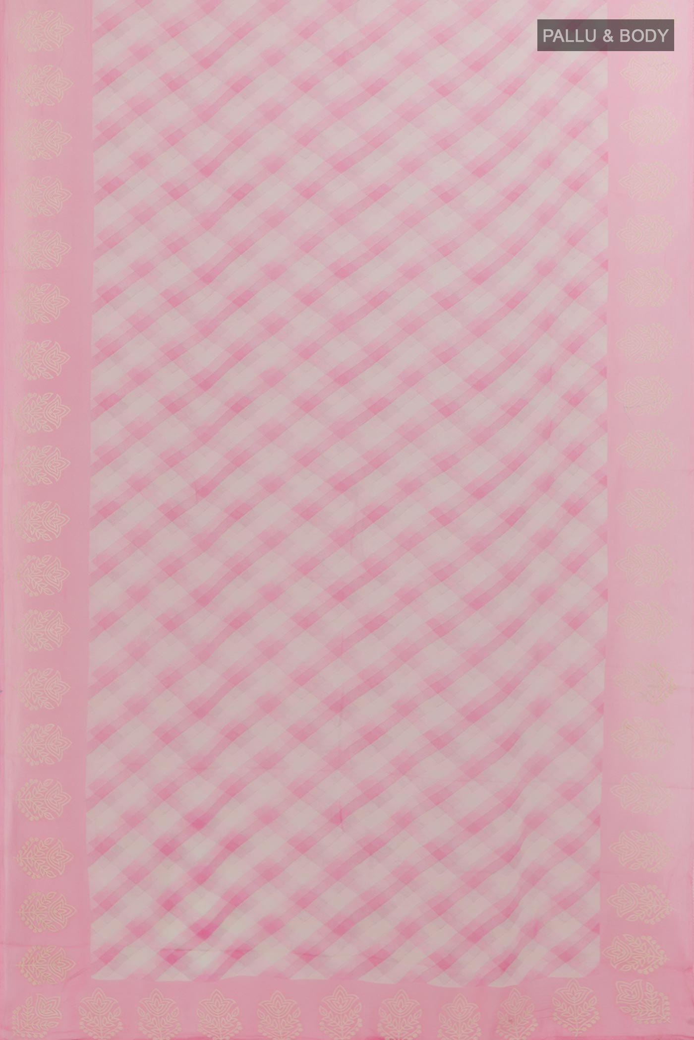 Flat view of Pink Chiffon Saree with Checked design on the body and Embroidery Border. 