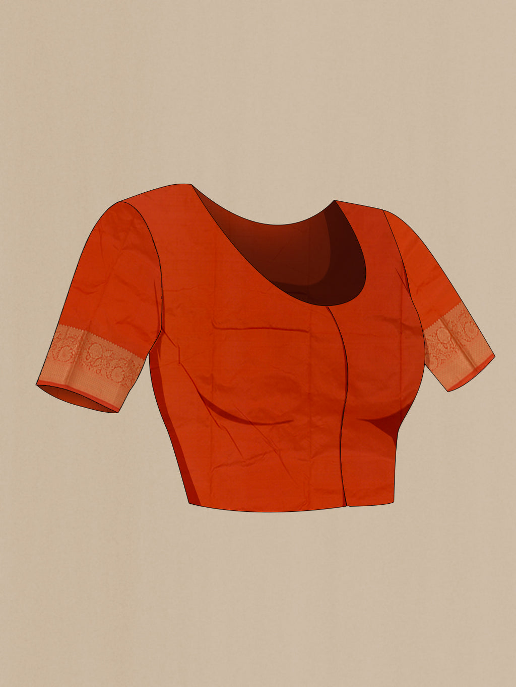 Close up image of the blouse of Orange Bangalore Silk Saree with Zari Butta on the body and Zari Border. 