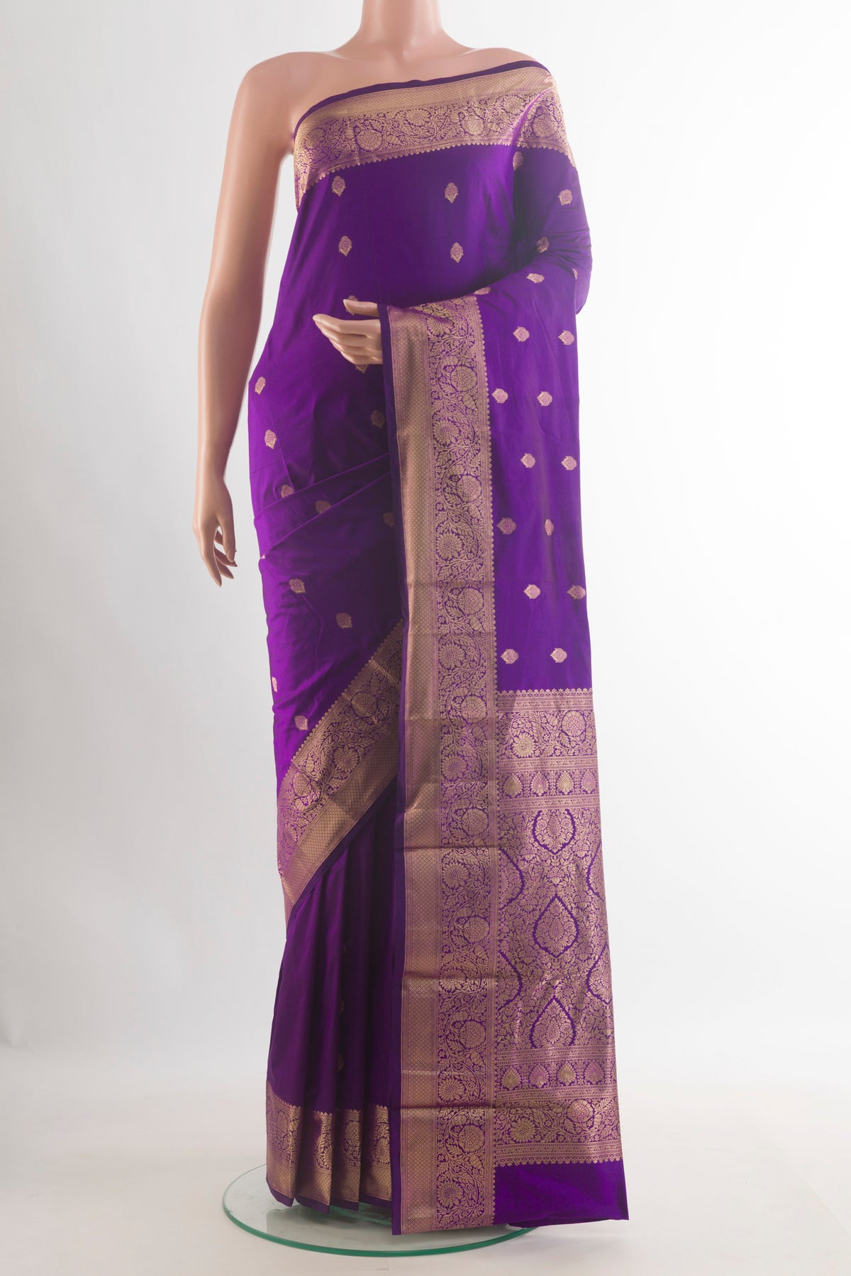 Pure Silk Purple Bangalore Saree with Zari Butta on the body and Zari Border.  displayed on a mannequin