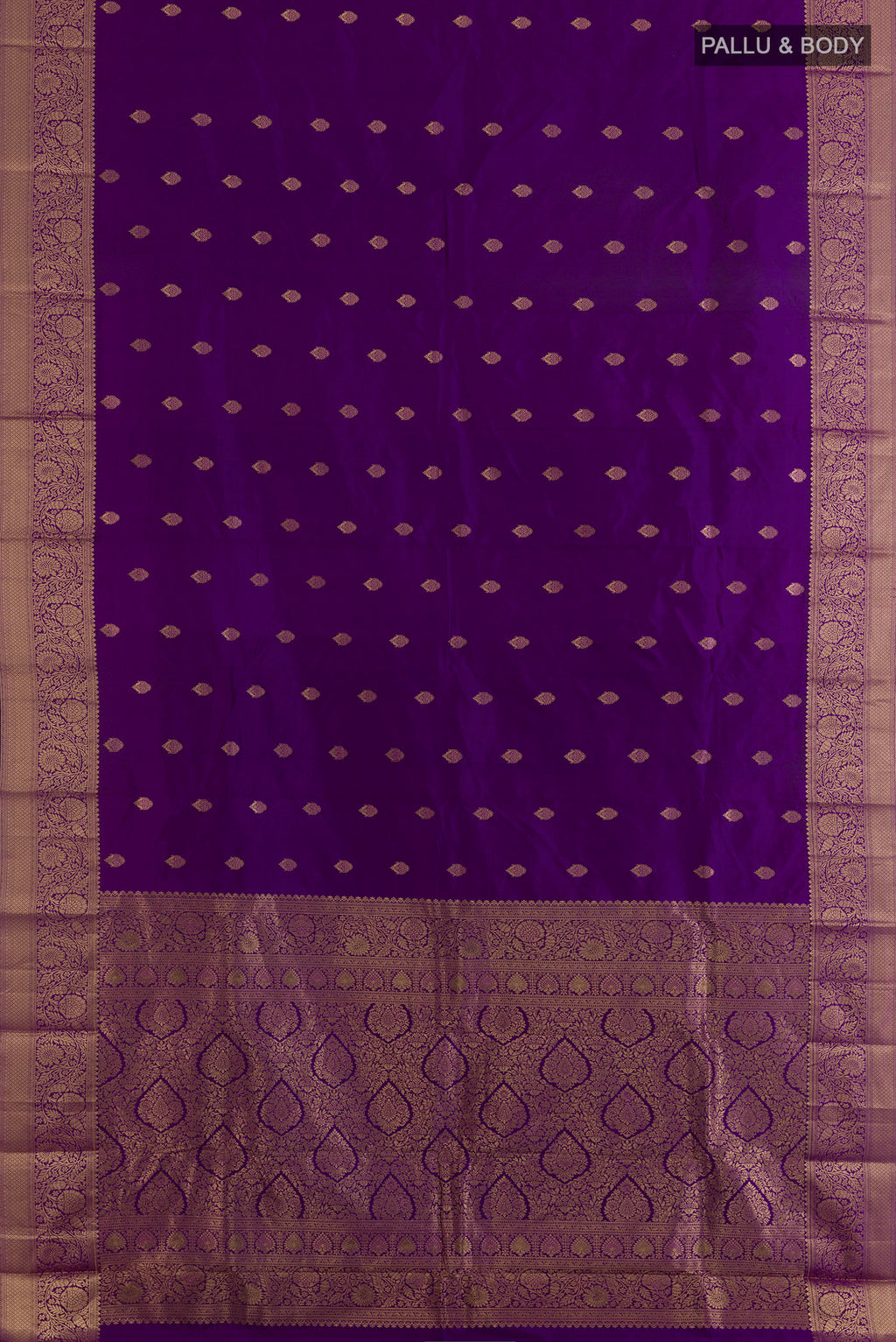 Flat view of Pure Silk Purple Bangalore Saree with Zari Butta on the body and Zari Border. 