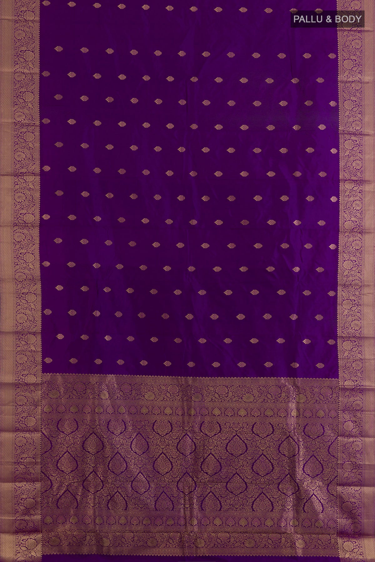 Flat view of Pure Silk Purple Bangalore Saree with Zari Butta on the body and Zari Border. 