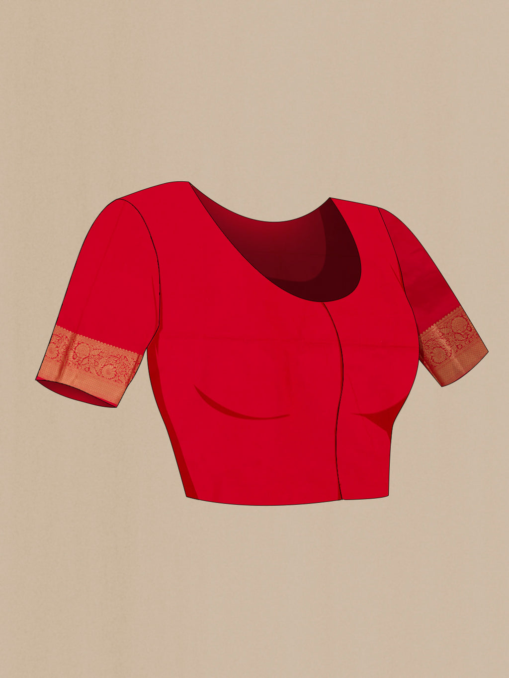 Close up image of the blouse of Red Bangalore Silk Saree with Zari Butta on the body and Zari Border. 