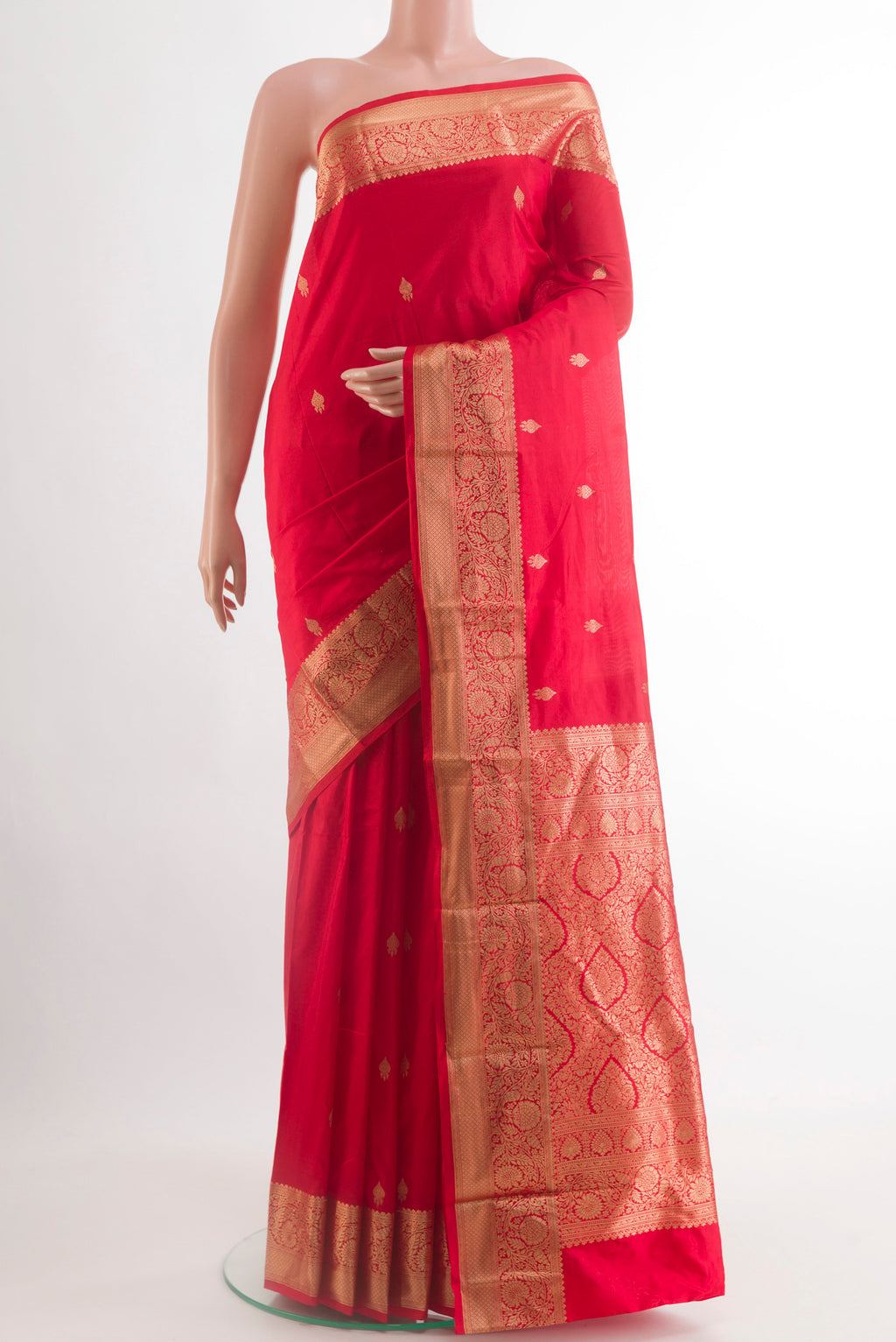 Red Bangalore Silk Saree with Zari Butta on the body and Zari Border.  displayed on a mannequin