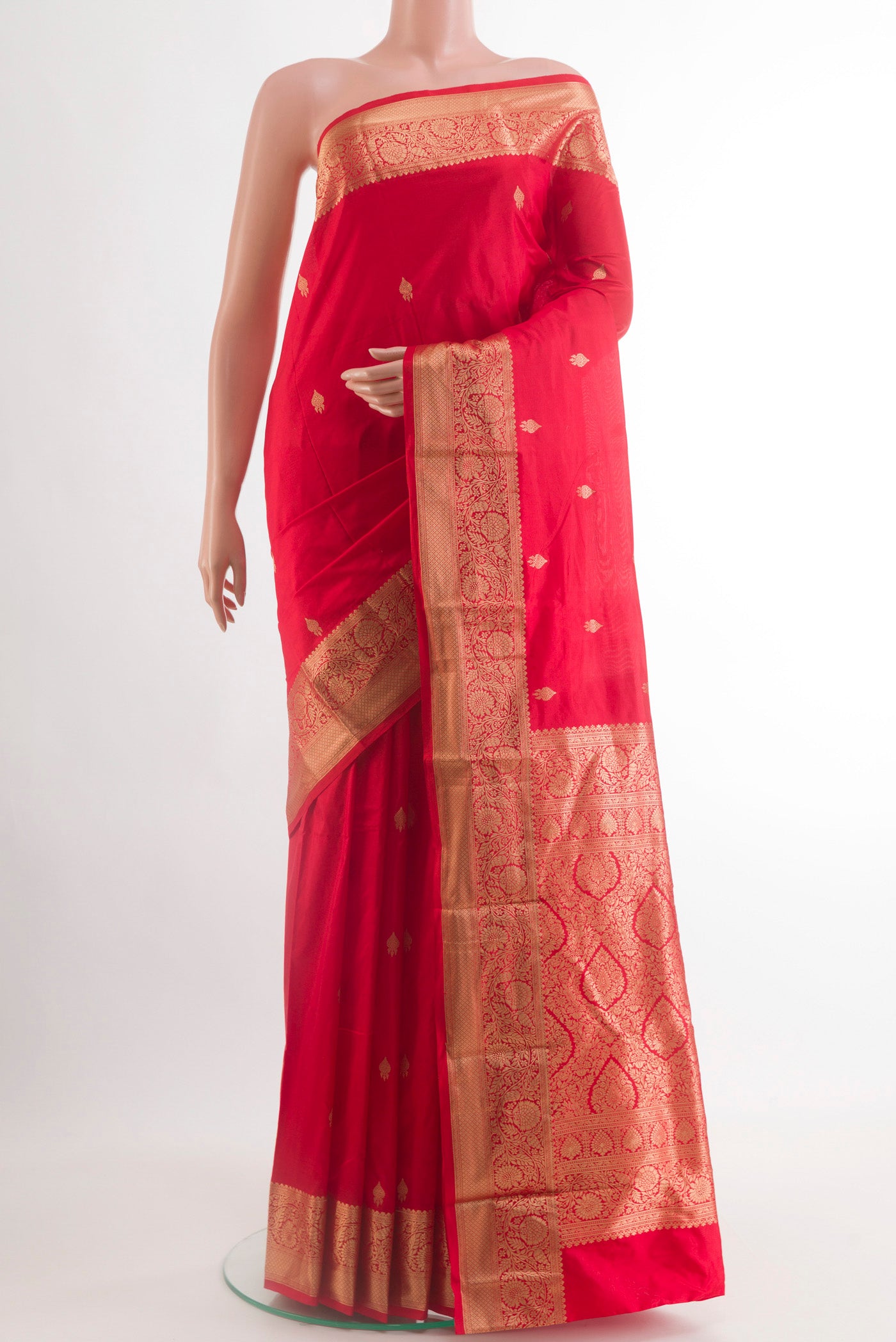 Red Bangalore Silk Saree with Zari Butta on the body and Zari Border.  displayed on a mannequin