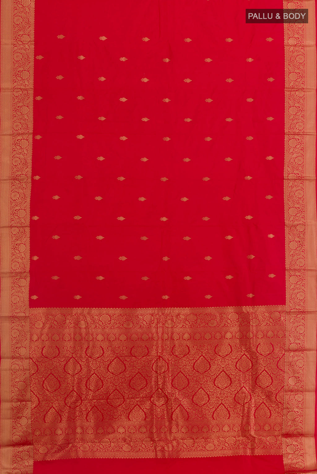 Flat view of Red Bangalore Silk Saree with Zari Butta on the body and Zari Border. 
