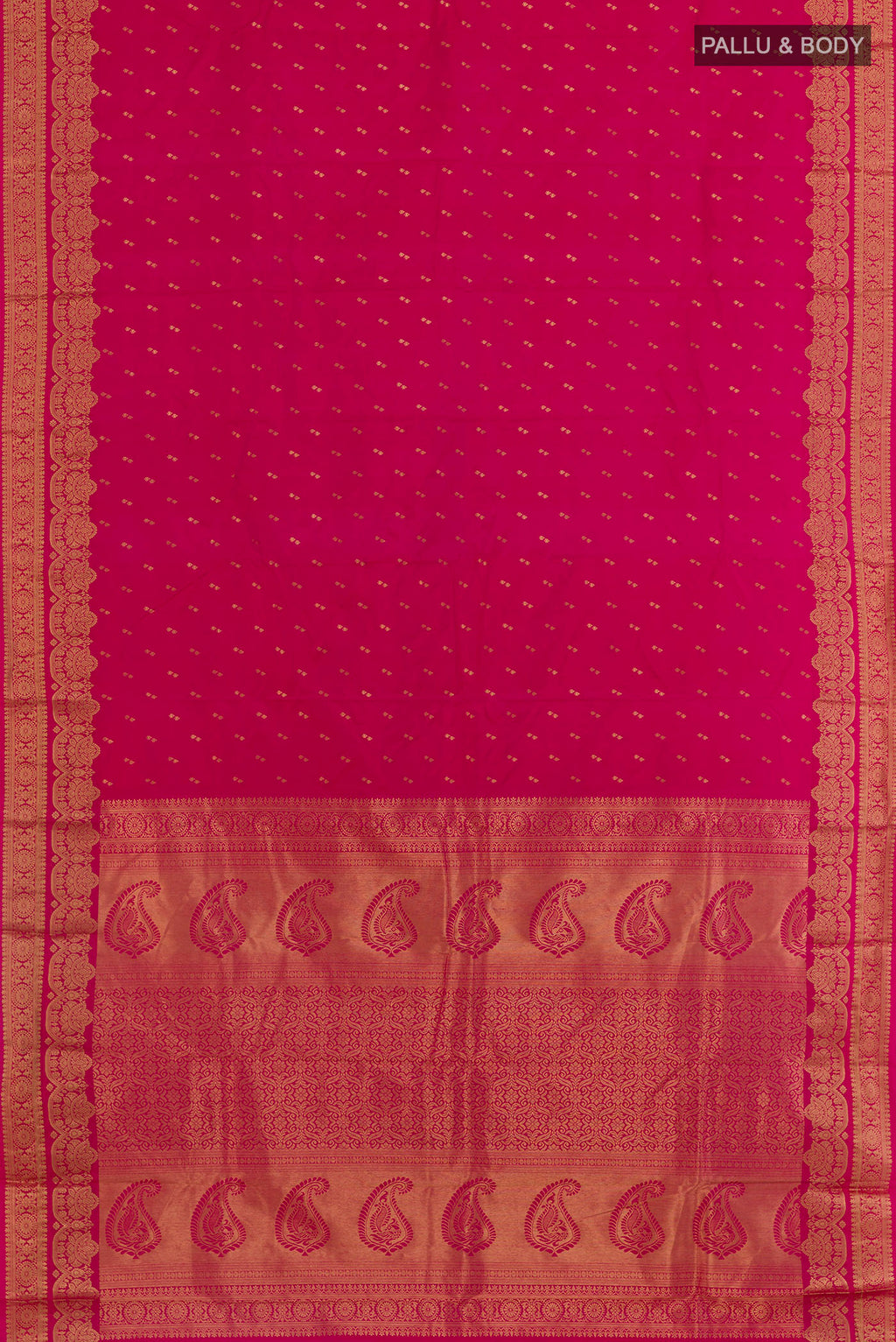 Flat view of Pink Kanjivaram Silk Saree with Zari Butta on the body and Zari Border. 