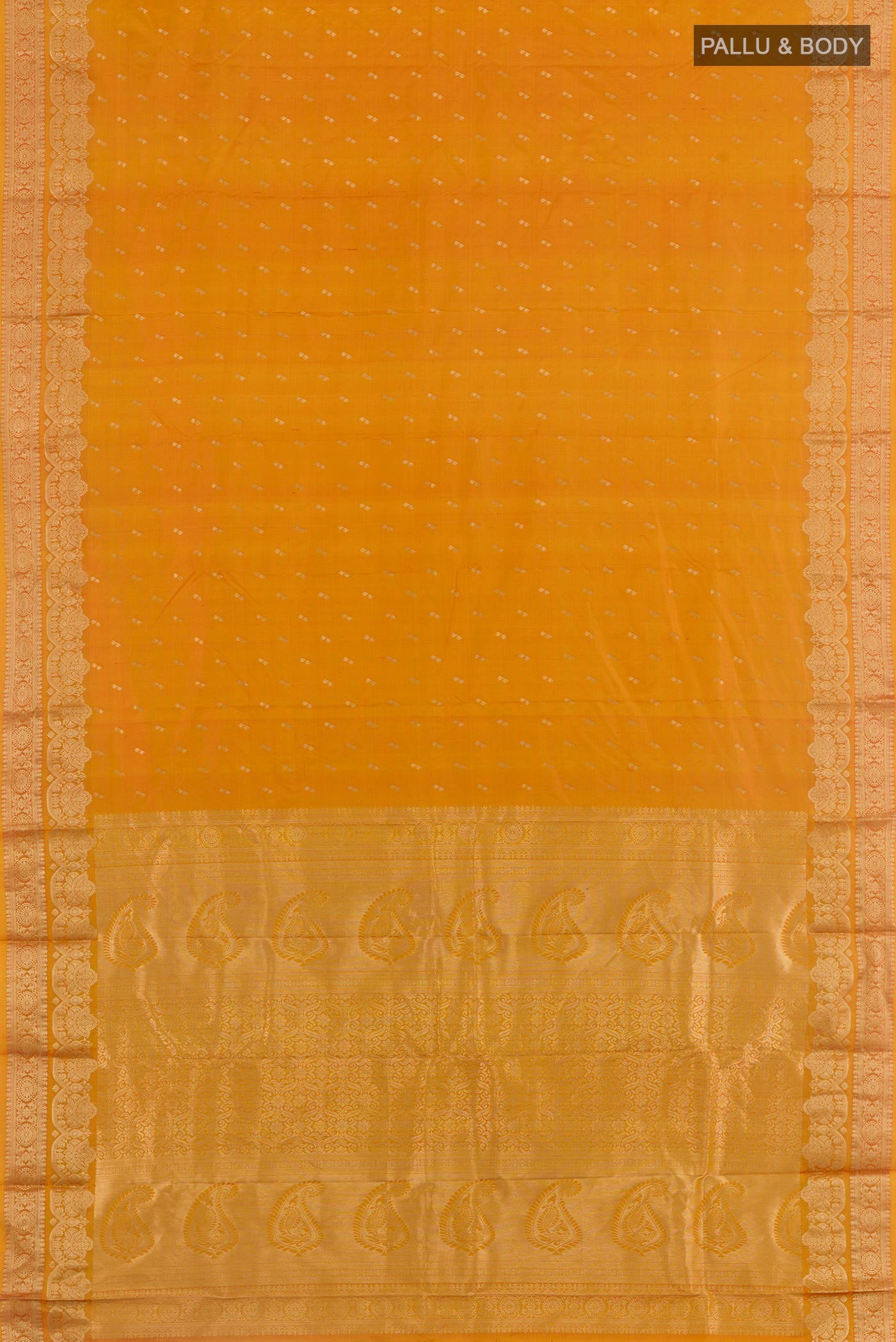Flat view of Mustard Kanjivaram Silk Saree with Zari Butta on the body and Zari Border. 