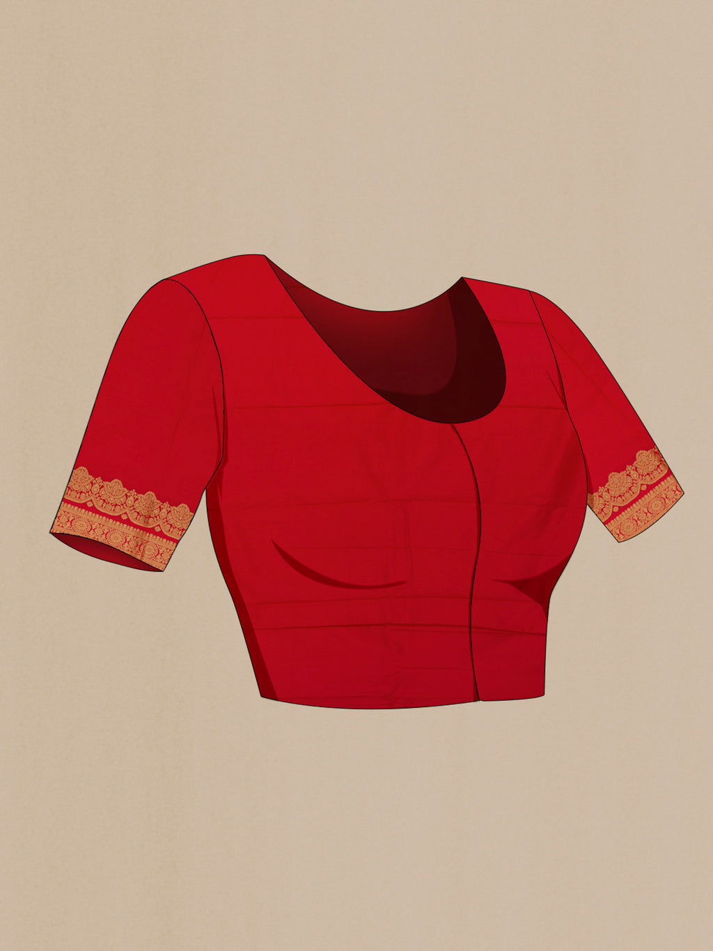 Close up image of the blouse of Red Kanjivaram Silk Saree with Zari Butta on the body and Zari Border. 