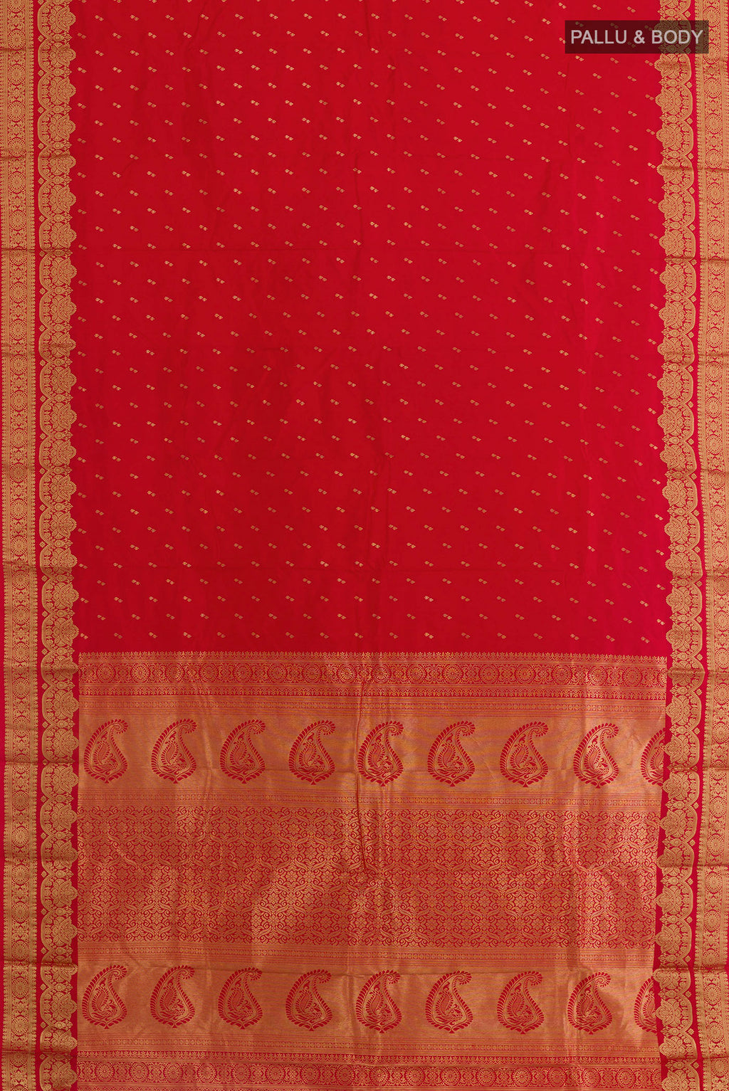 Flat view of Red Kanjivaram Silk Saree with Zari Butta on the body and Zari Border. 