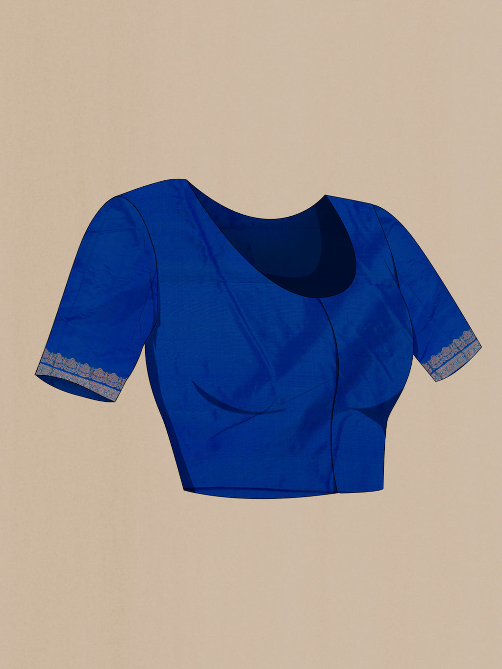 Close up image of the blouse of Royal Blue Kanjivaram Silk Saree with Zari Butta on the body and Zari Border. 